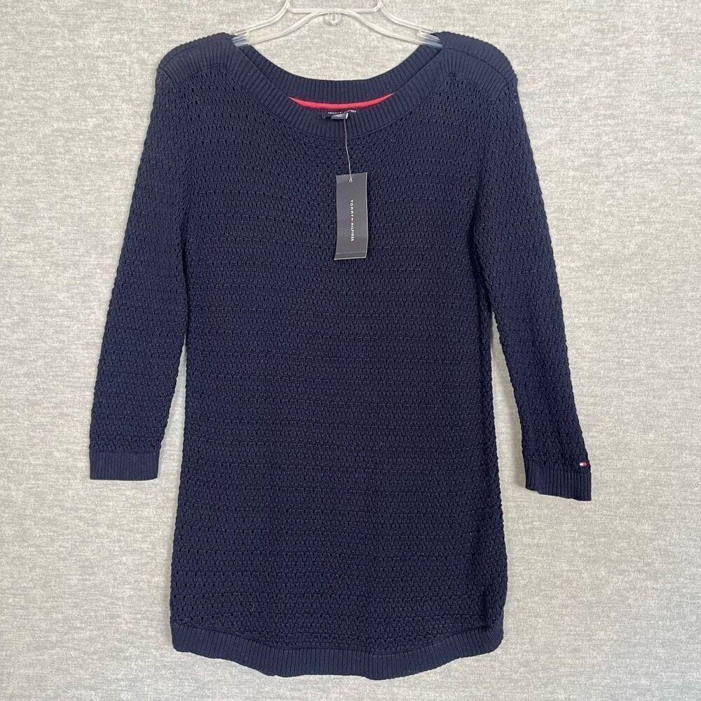 Tommy Hilfiger Open Knit Sweater Womens Small Navy Blue Tunic Crew Fisherman NWT